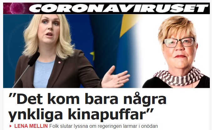 Skärmdump från Aftonbladet med rubrik om Coronaviruset och citat om kinapuffar, inkluderar två politiker.