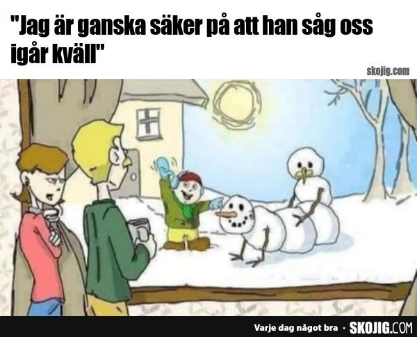 Illustration av tre personer som tittar på en snögubbe med en ångestfylld min bredvid en glad pojke.