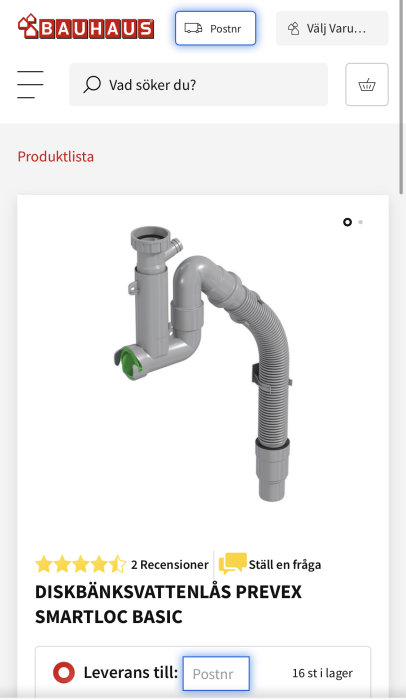 Screenshot av en diskbänksvattenlås Prevex Smartloc Basic från Bauhaus webbsida med synlig svart packning.