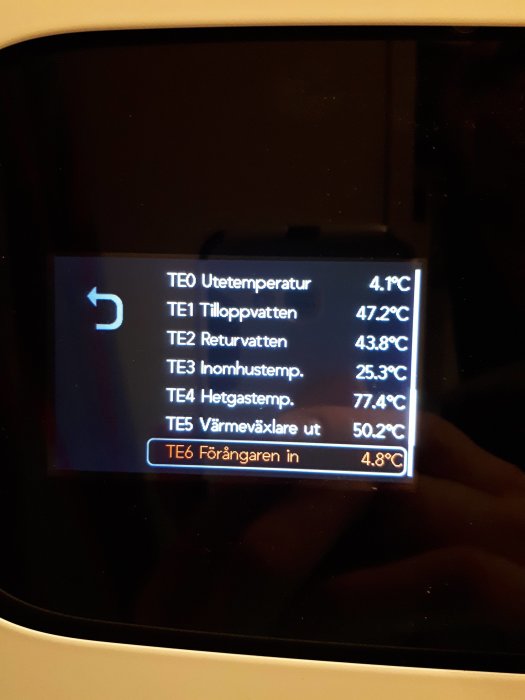 Digital display av en värmepumps olika temperaturvärden, inklusive utomhus- och inomhustemperatur.