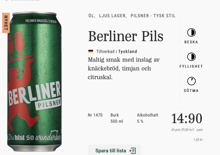 Burk Berliner Pilsner med smakbeskrivning och alkoholhalt, prisinformation samt beska, fyllighet och sötma indikatorer.