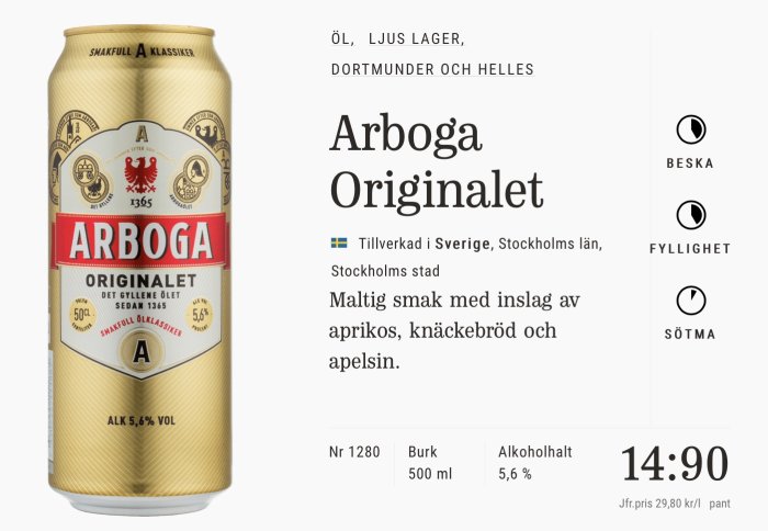 Burk av Arboga Original öl med beskrivning av smak och design, 5,6 % alkoholvolym, prisinformation.