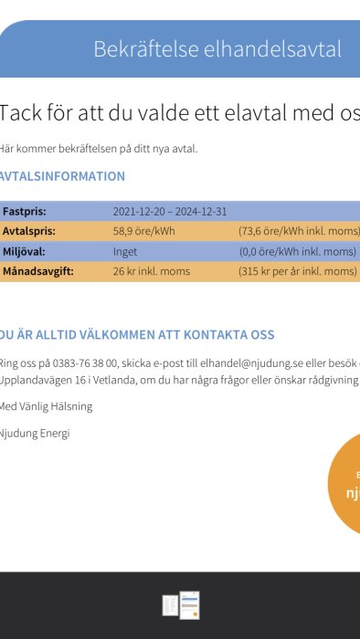 Bekräftelse på elhandelsavtal med avtalsinformation inklusive pris och avtalstid.