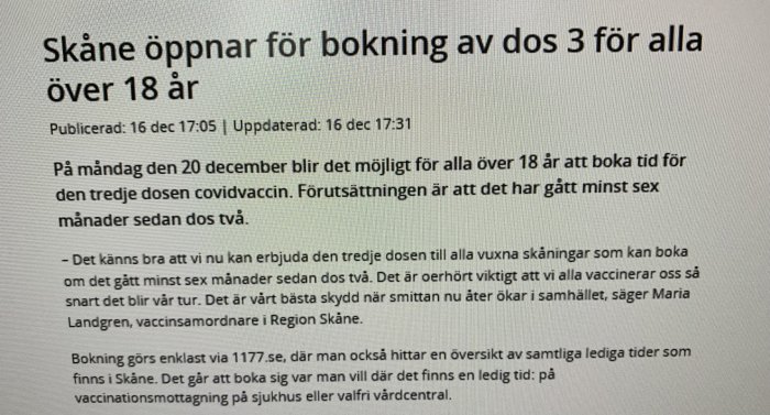 Skärmdump av en artikel som informerar om öppnandet av bokning för dos 3 covidvaccin för personer över 18 år i Skåne.