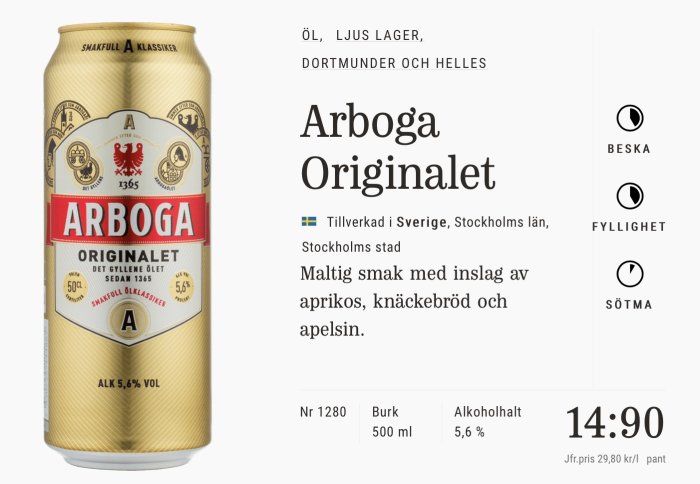 Burk med Arboga Original öl, märkt med sötma, fyllighet och beska.