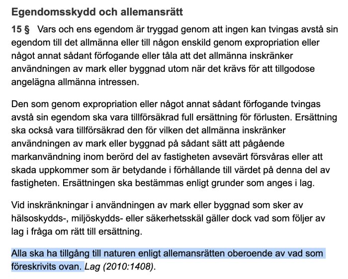 Skärmbild av en texturdragning från lagstiftning som diskuterar egendomsskydd och allemansrätten i Sverige.