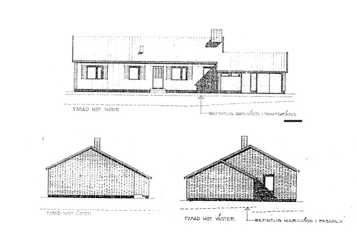 Ritningar på ett 60-talshus med tilltänkt tillbyggnad och olika fasadvyer.