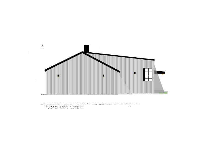 Arkitektonisk ritning av ett enplans 60-talshus med pulpettak och tillbyggnad, fasad i grått och svart skorsten.