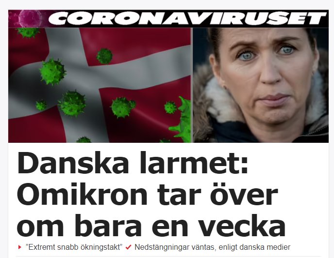 Danska flaggan med pålagda coronavirussymboler, rubrik om Omikrons övertagande, orolig kvinna i bakgrunden.