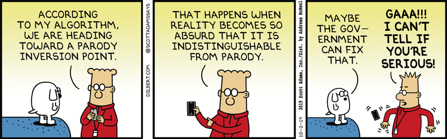 Tre serierutor med Dilbert och kollega som diskuterar en algoritm som signalerar en 'parody inversion point' och om regeringen kan lösa det.
