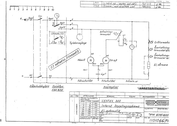 El-schema för Ventex 300 fläktsystem med komponenter och kopplingsinstruktioner.