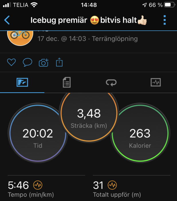 Skärmbild av träningsapp med löpstatistik: 3,48 km avklarad sträcka, tid 20:02, kaloriförbränning 263.