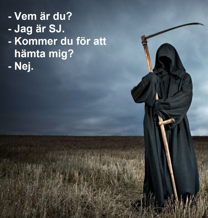 Person i svart kåpa och lie står i ett fält under mörka moln, med dialogtext från en klassisk scen.