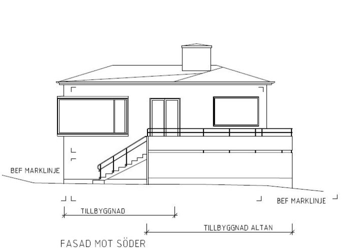 Arkitektonisk skiss av 30-talshus med utbyggnad, marklinjer och föreslagen fönsterlösning i hörn.