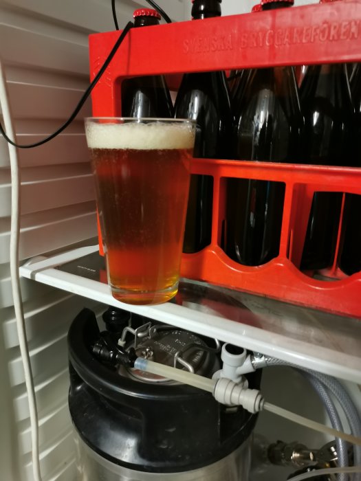 Ett glas hembryggd saisonöl med skumkrona, framför ölflaskor och en tryckfat i ett kylskåp.