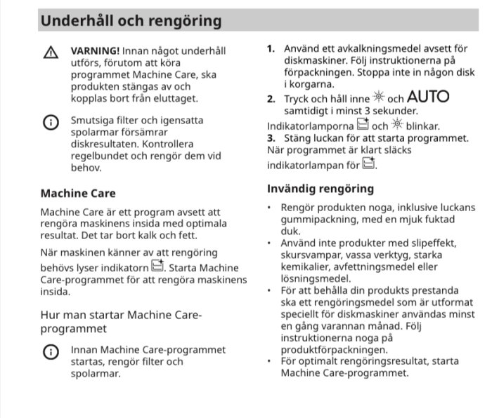 Utskrift från en Ikea manual som förklarar Machine-Care programmet och underhållsrutiner för en diskmaskin.