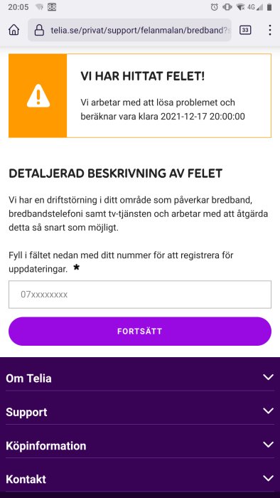 Skärmdump från Telias felanmälningssida om löst fel med beräknad klar-tid och instruktioner för uppdateringar.