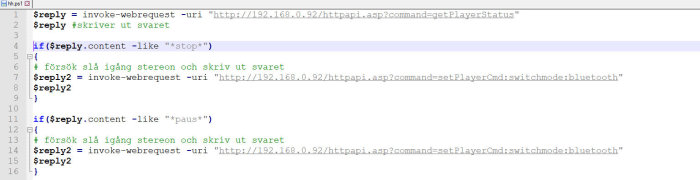 Skärmbild av PowerShell-skriptkod som använder webbegäran för att styra mediauppspelning.