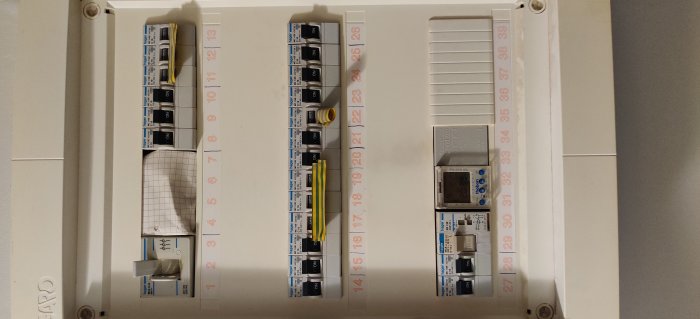 Elcentral med öppen lucka som visar automatsäkringar och papperslapp där JFB kan ha varit.