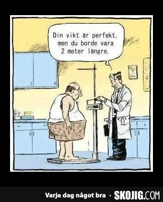 Seriebild där doktor säger till patient på våg att vikten är perfekt men borde vara 2 meter längre.