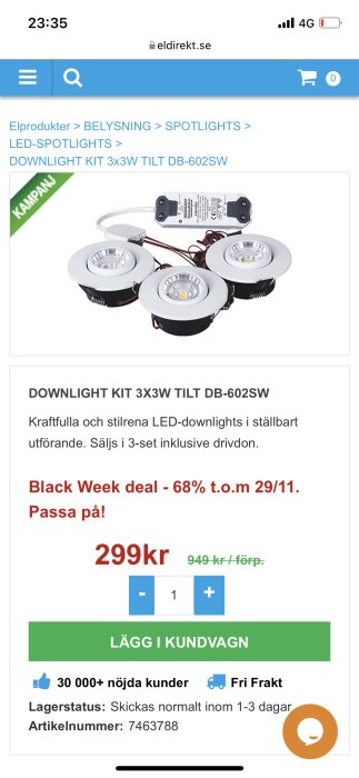 LED-spotlightskit 3x3W TILT DB-602SW med tre justerbara vita downlights och en drivdon.