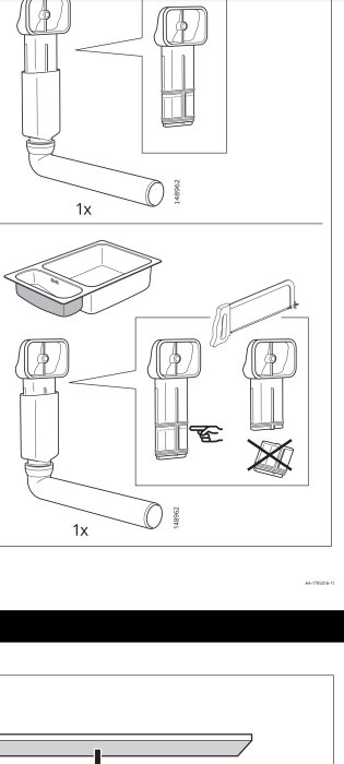 Illustration av montering för diskho inklusive kapning av rör och korrekt placering.