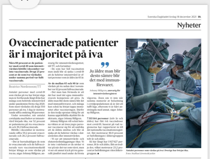 Artikel i Svenska Dagbladet om majoriteten ovaccinerade på IVA med bild på hälsovårdspersonal i skyddsutrustning.