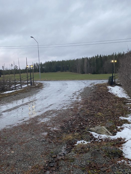 Uppfart med lutning och igenväxta sidor, snötäckt och isiga partier syns.