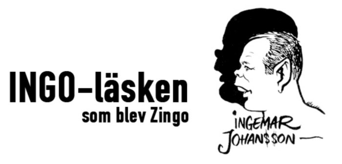 Illustration av INGO-läsken logotyp och profil av Ingemar Johansson.