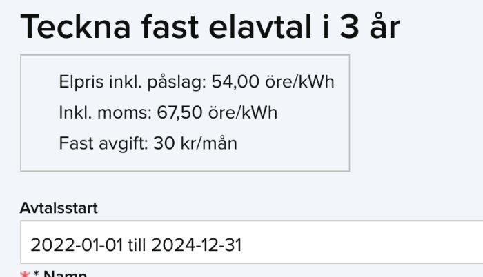 Elavtal för Kungälv energi med priser och avtalstid, avser fastpris elavtal i 3 år.