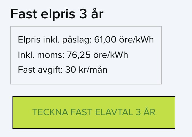 Information om fast elpris för 3 år med pris och avgifter, samt en knapp för att teckna avtal.