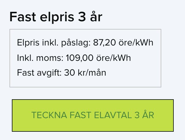 Skärmdump av fast elpris för 3 år med prisuppgifter och knapp för att teckna avtal.