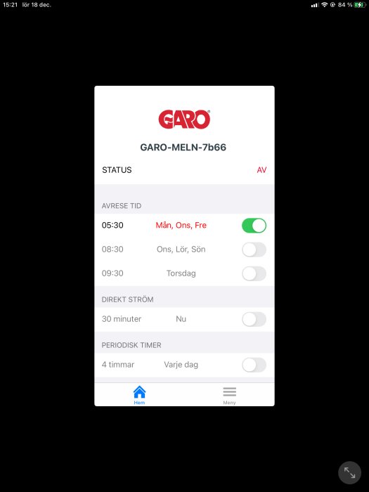 Skärmvisning av en GARO-app med inställningar för avresetid och timerfunktioner.