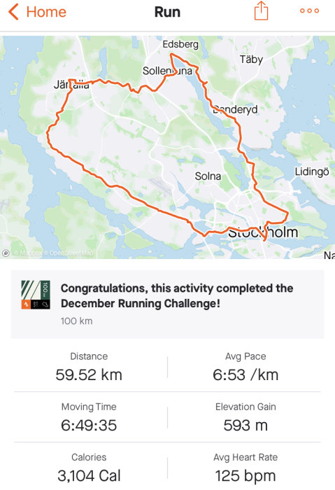 Karta med löpspår i Stockholm och statistik: 59.52 km, tid 6:49:35, 3104 Cal, höjdvinst 593 m.