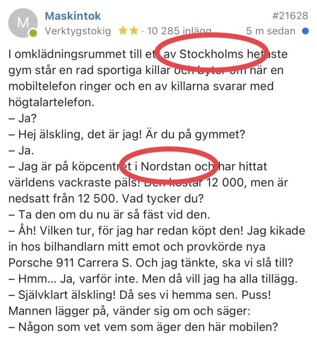 Skärmdump av ett foruminlägg med markerad text och kommentarer kring en konversation.