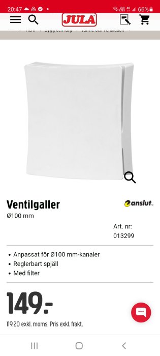 Vit ventilationsgaller med reglerbart spjäll för 100 mm kanaler, visas på en smartphoneskärm.