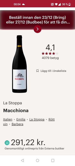Flaskbild på La Stoppa Macchiona, rött vin från Emilia, betygsatt 4,1 av Vivino.