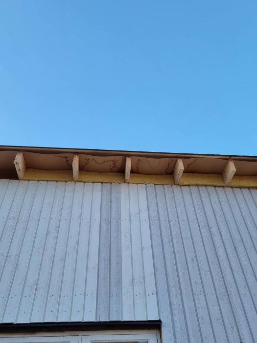 Fuktiga märken och kondens på undersidan av takmaterialet på ett nybyggt attefallshus.