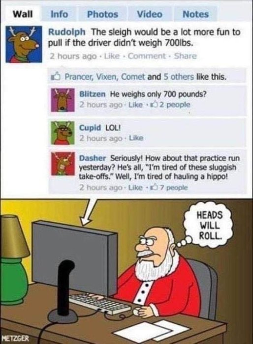 Illustration av en ilsken jultomte vid datorn med sociala medier-kommentarer från renar som klagar.