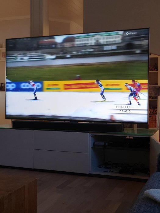 Television visar en skidtävling med deltagare i farten, i ett vardagsrum.