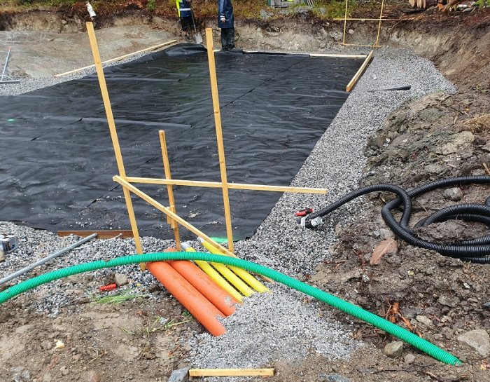 Grundarbete med markduk och radonslang vid pågående byggprojekt utomhus.