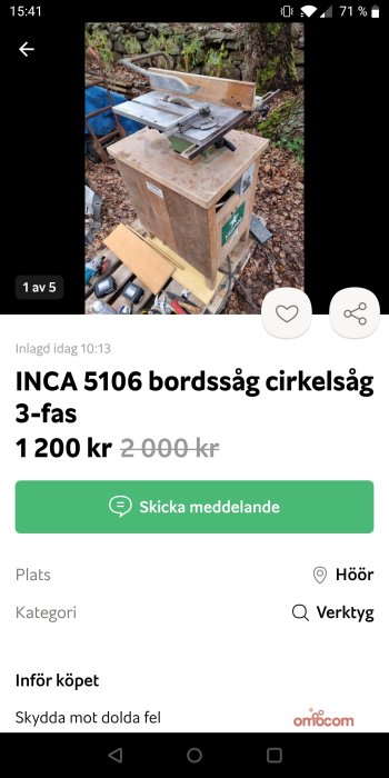 Begagnad INCA 5106 bordssåg för försäljning i utomhusmiljö med sänkt pris.