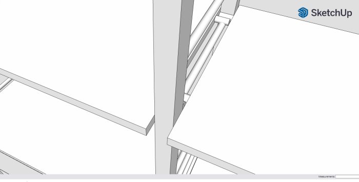 SketchUp-ritning av modulärt hyllsystem med gavlar och hyllplan för ett hemmasnickarprojekt.