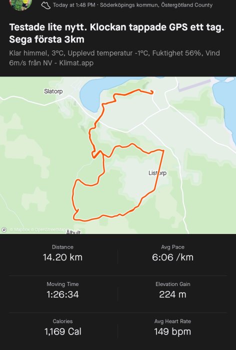 Skärmavbild från träningsapp som visar en karta över löprunda och statistik som distans, tid, kaloriförbrukning och puls.