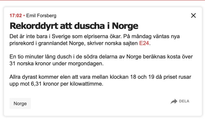 Skärmdump av nyhetsartikel om höga elpriser för att duscha i Norge.