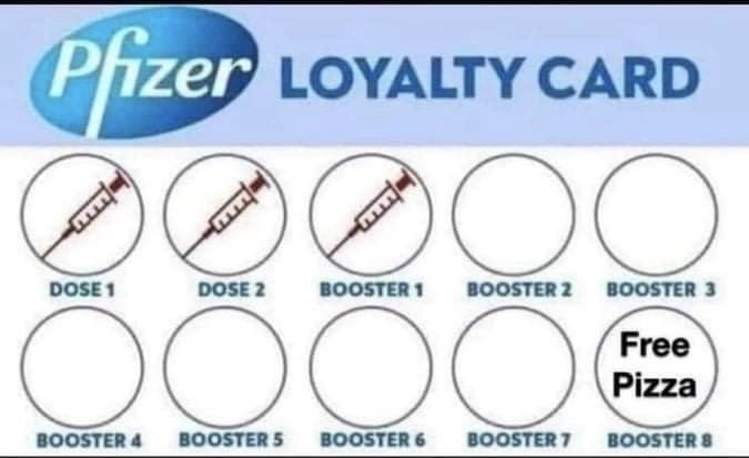 Parodi på lojalitetskort med Pfizer-loggan och avkryssade doser med belöning av gratis pizza.