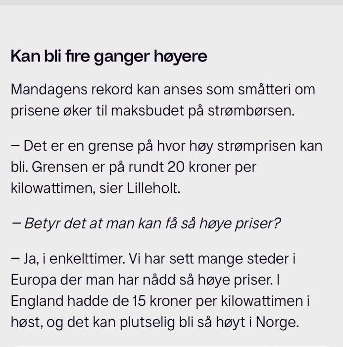 Skärmdump av en nyhetsartikel om potentiellt höga elpriser upp till 20 kr per kWh i Norge.