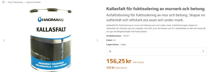 Burk med Hagmans Kallasfalt för fuktisolering av murverk och betong, priset visas.