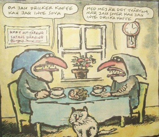 Illustration av två karaktärer med stora näbbar som sitter vid ett bord med kaffe och en katt, med pratbubblor.