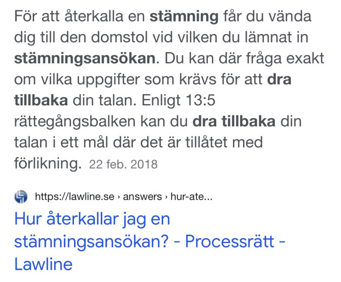 Skärmdump av ett foruminlägg om att återkalla en stämningsansökan med länk till Lawline.